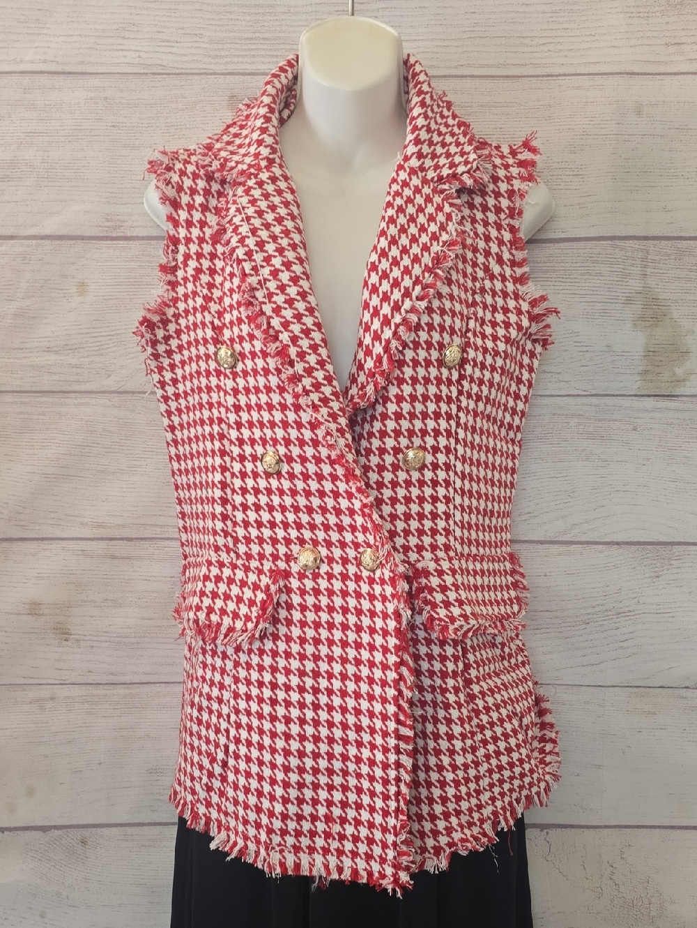 Sleeveless Red & White Houndstooth Double-Breasted Vest Sz Med